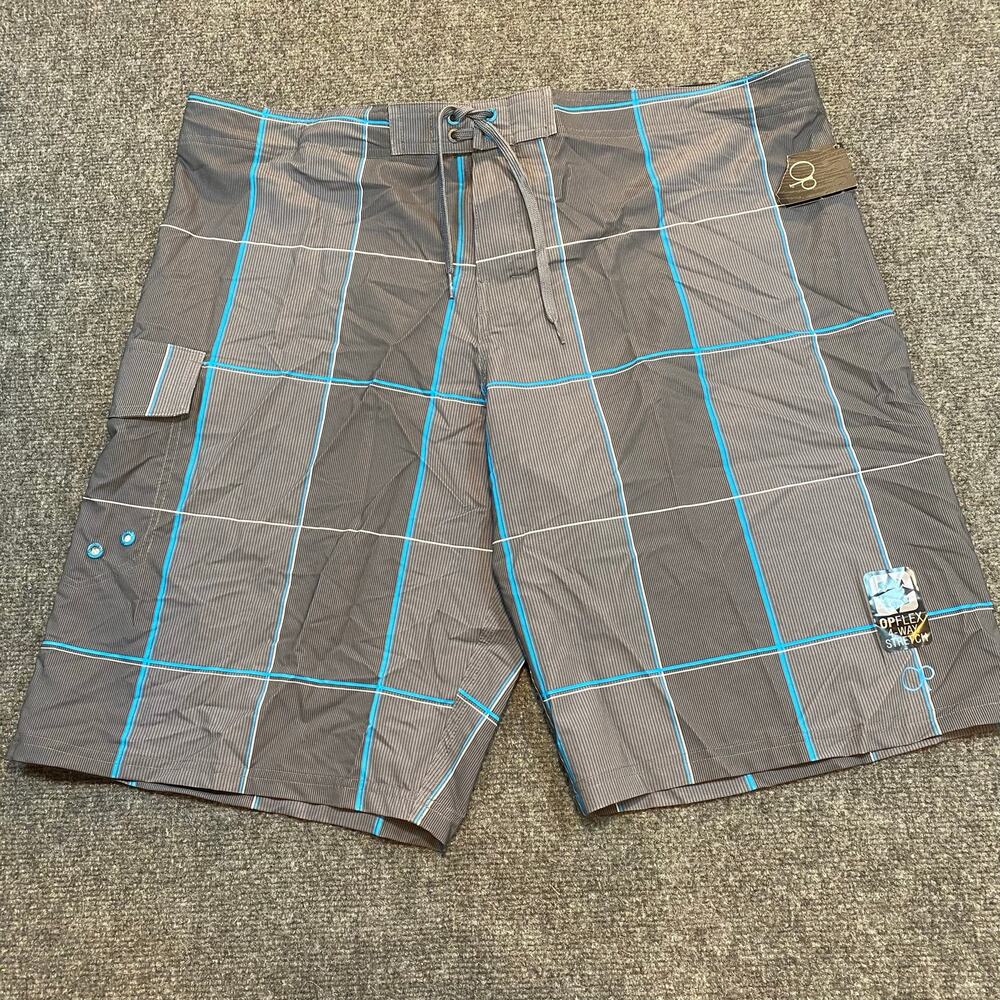 Brand New OP Mens Size 42 Gray Blue OP Plaid Stretch 4 Way Fixed Waist Shorts